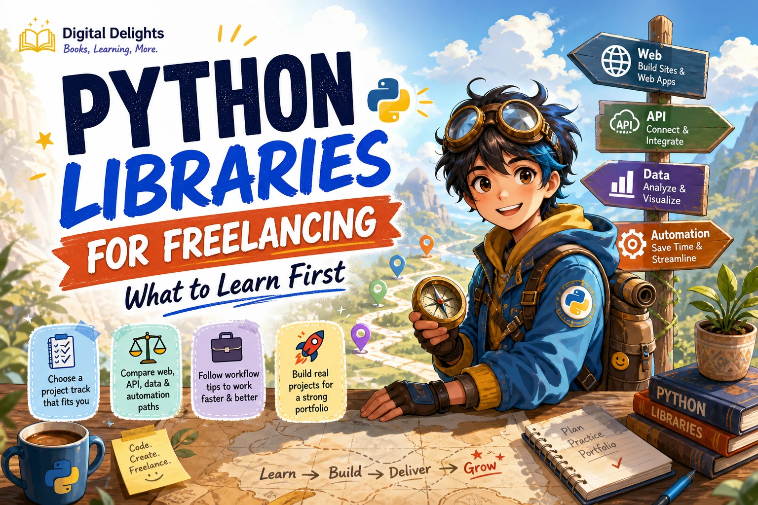 laptop displaying python code alongside visual cues for web, api, data and automation projects