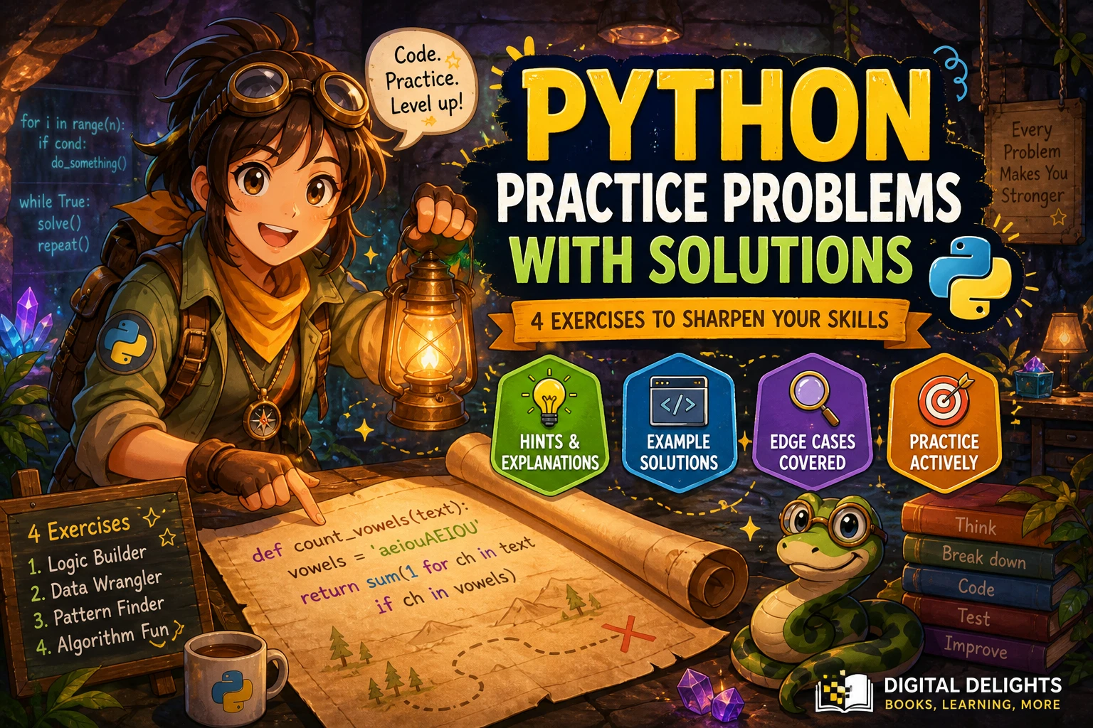 laptop displaying python code beside handwritten programming practice notes