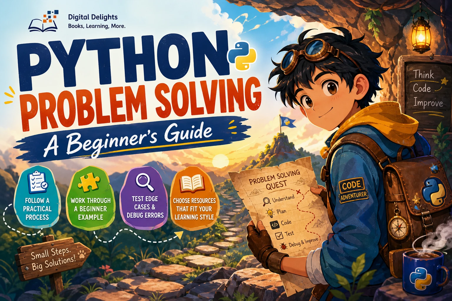 laptop with a simple python code example beside a notebook showing a problem-solving flow