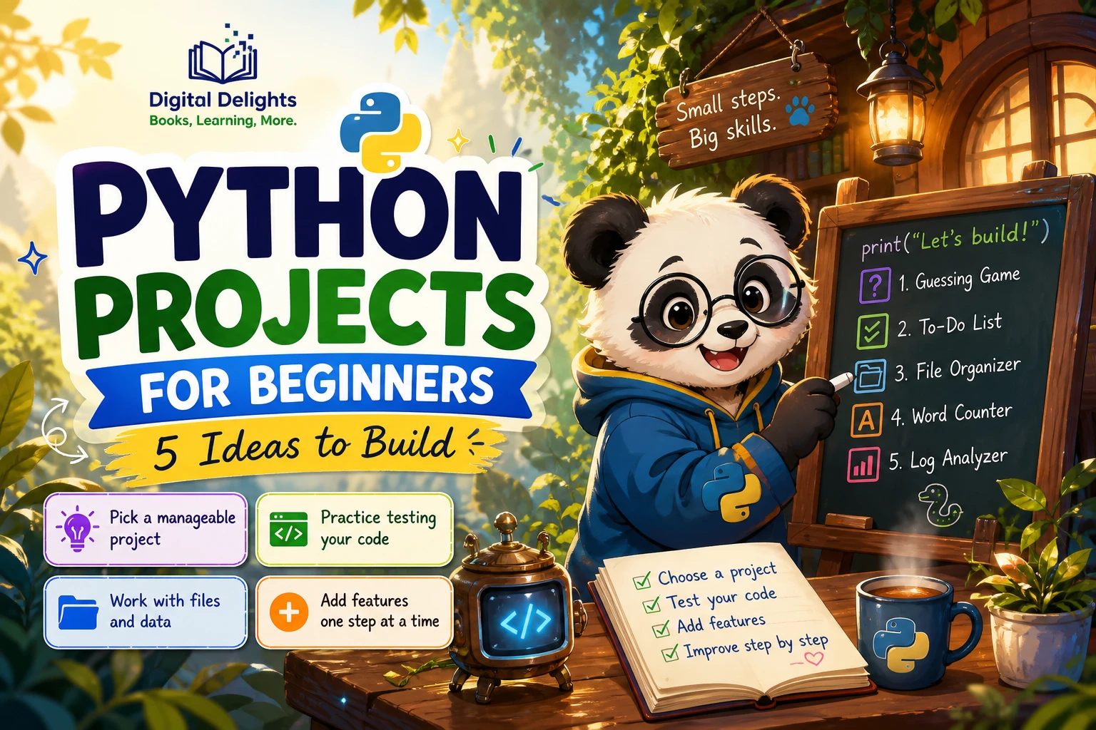 Laptop displaying code beside sketches for beginner Python projects
