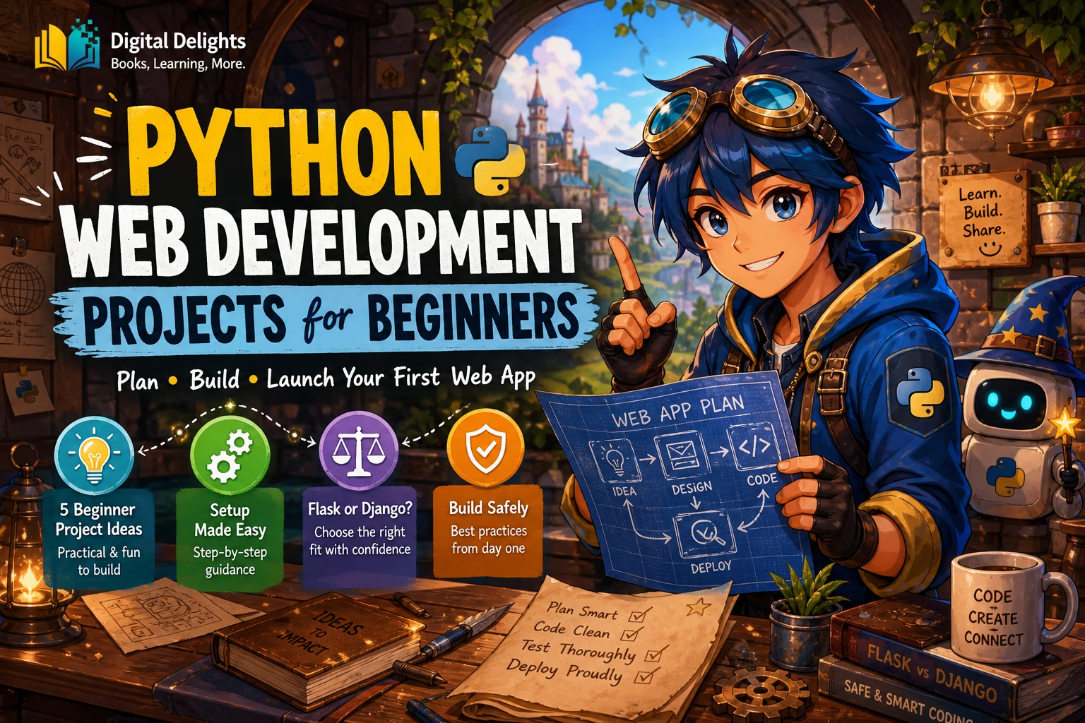 laptop displaying a simple website and python code for beginner web development projects