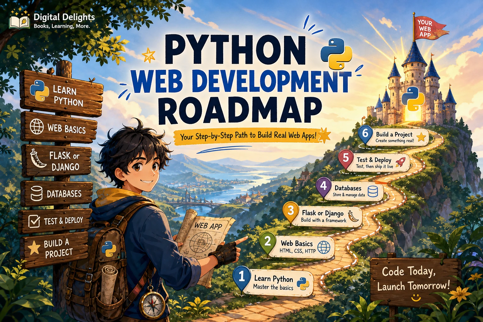 Laptop with a Python code editor and a simple web development learning roadmap