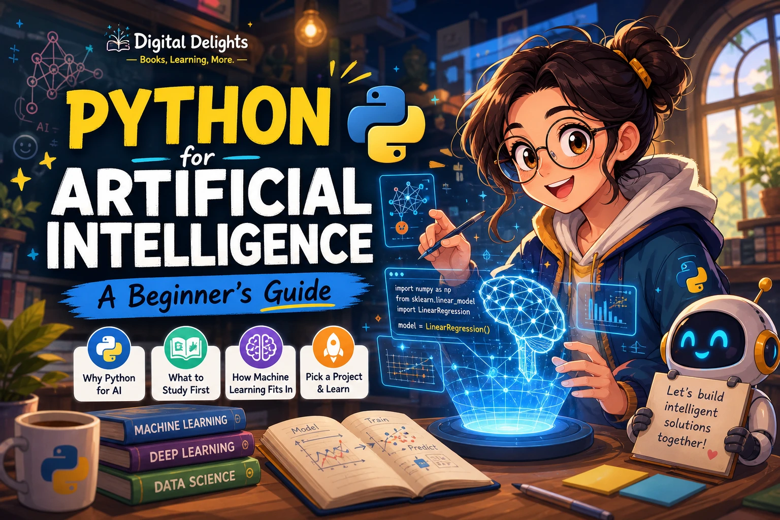 Laptop with Python code beside simple data visualizations and an AI network diagram
