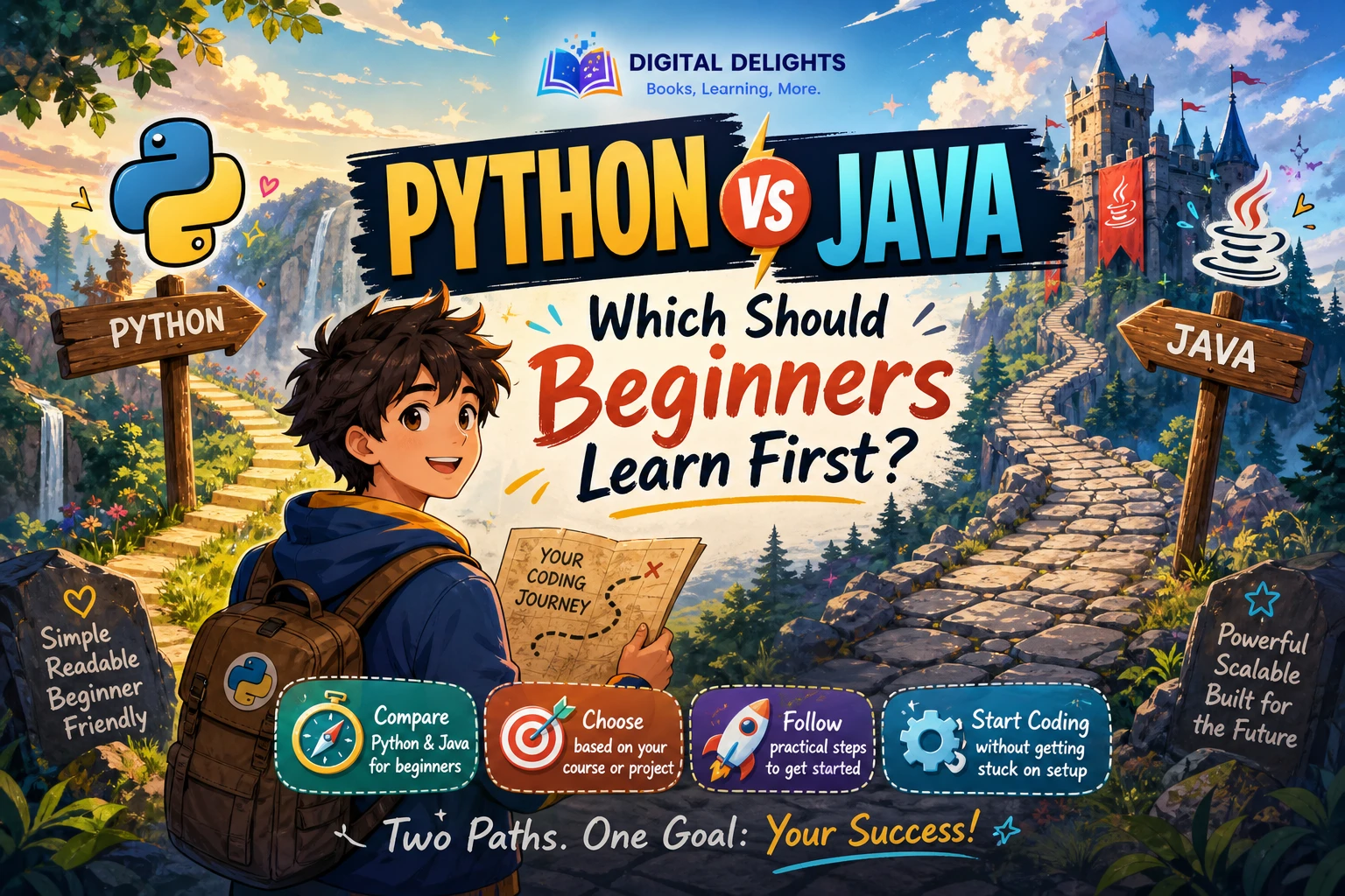 laptop with a split coding workspace illustrating a beginner’s choice between python and java