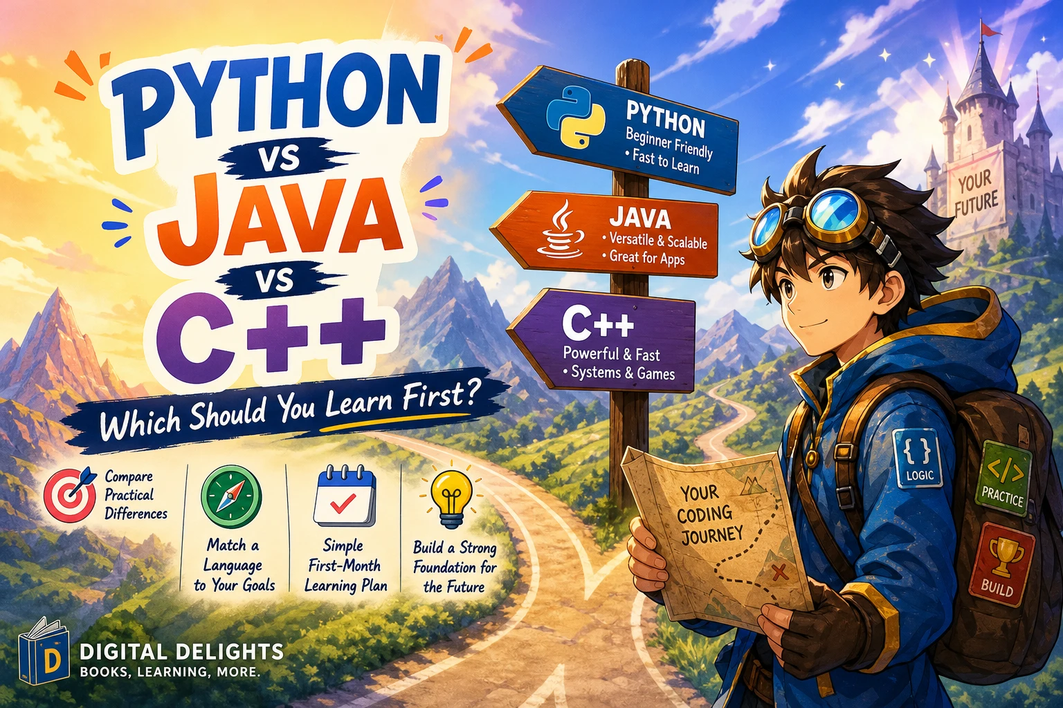 editorial illustration comparing python, java, and c++ as first programming languages