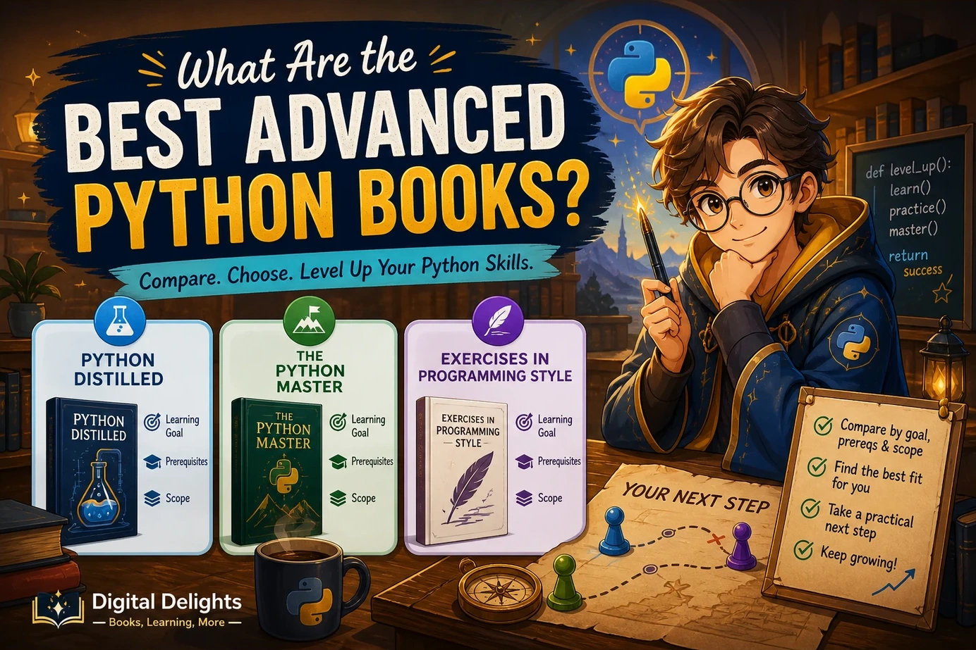 laptop, e-reader, and plain books with diagrams representing advanced python language and software-design study