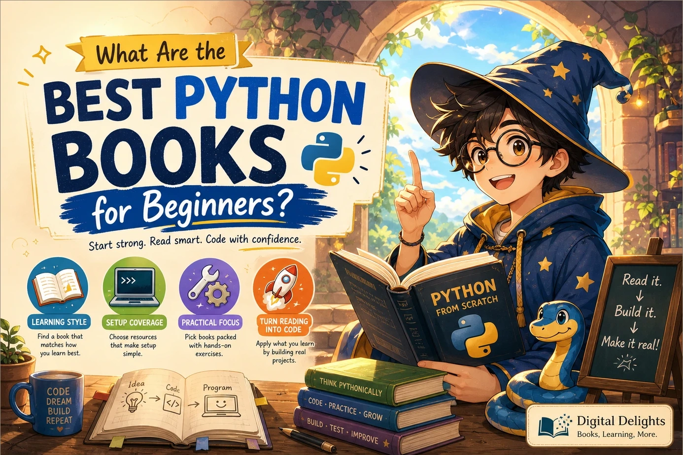 Laptop, e-reader, notebook, and unbranded books arranged for studying beginner Python programming