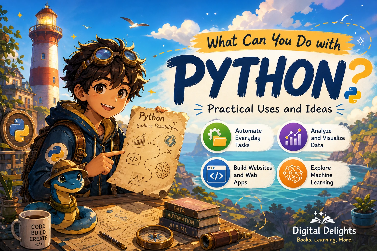 laptop displaying python code alongside visual cues for data analysis, automation, web development, and hardware projects