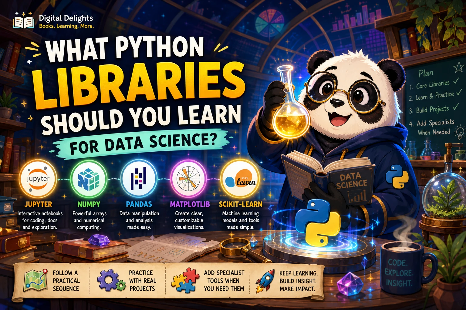 Laptop displaying a data table, Python code, and a chart for a data science workflow