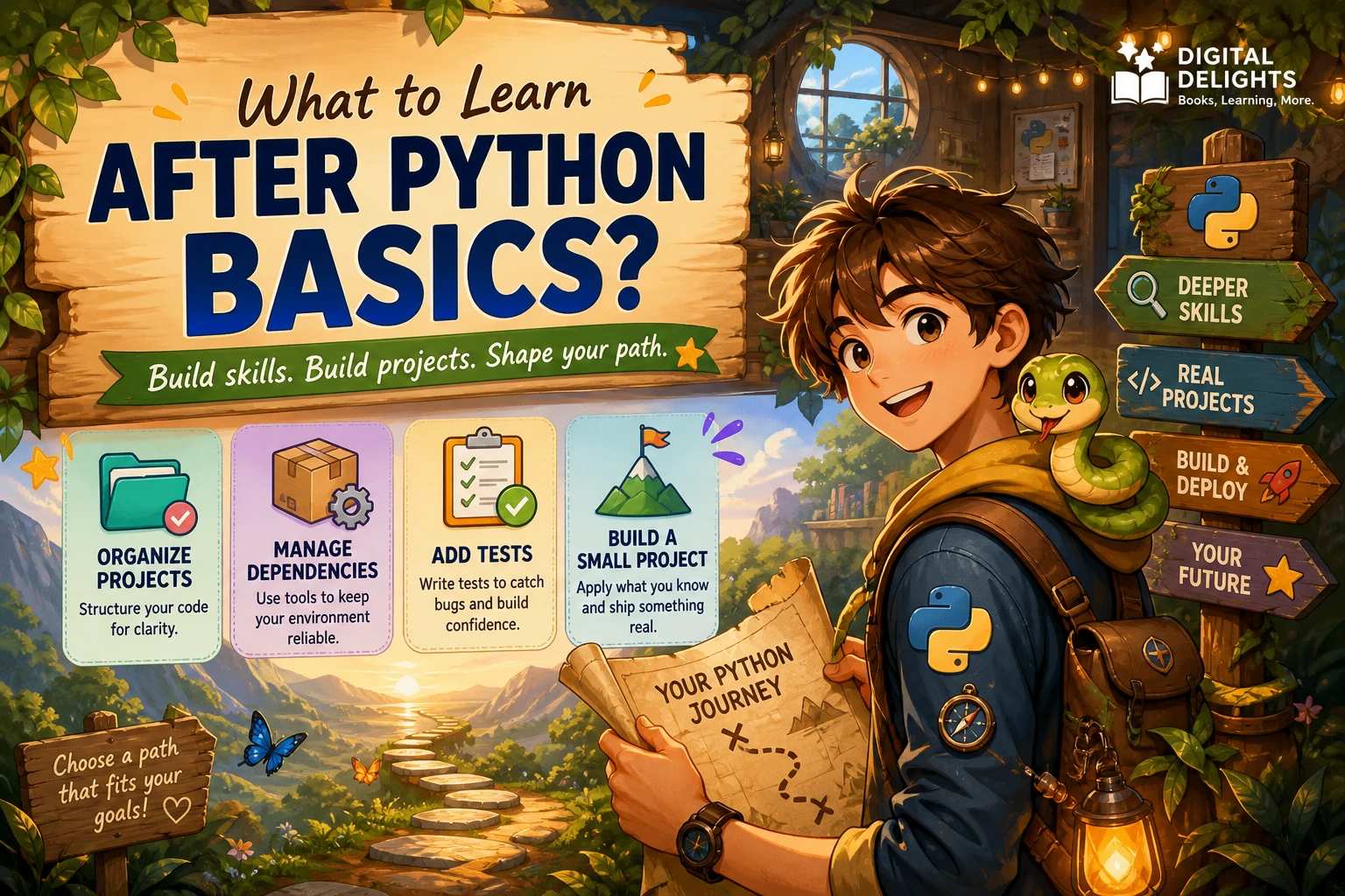 laptop with python code and a project roadmap branching into automation, web development, data, and ai