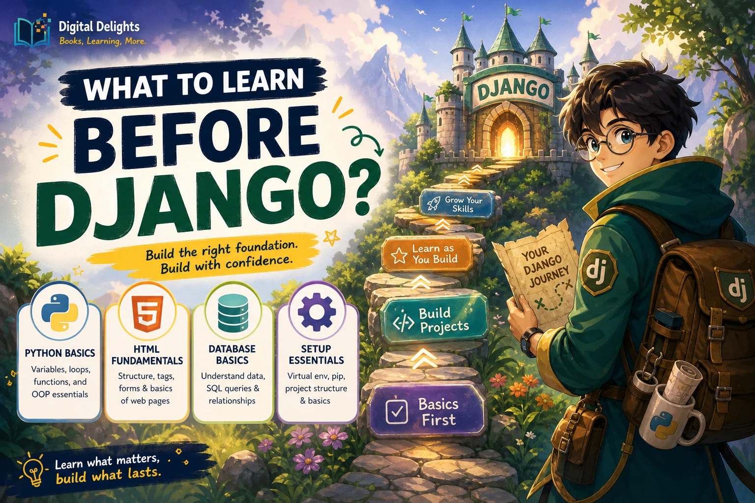 Laptop with Python code beside a web form sketch and database diagram, illustrating skills to learn before Django.