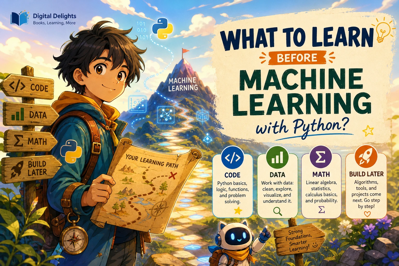 Laptop with Python code beside data and mathematics notes for learning machine learning