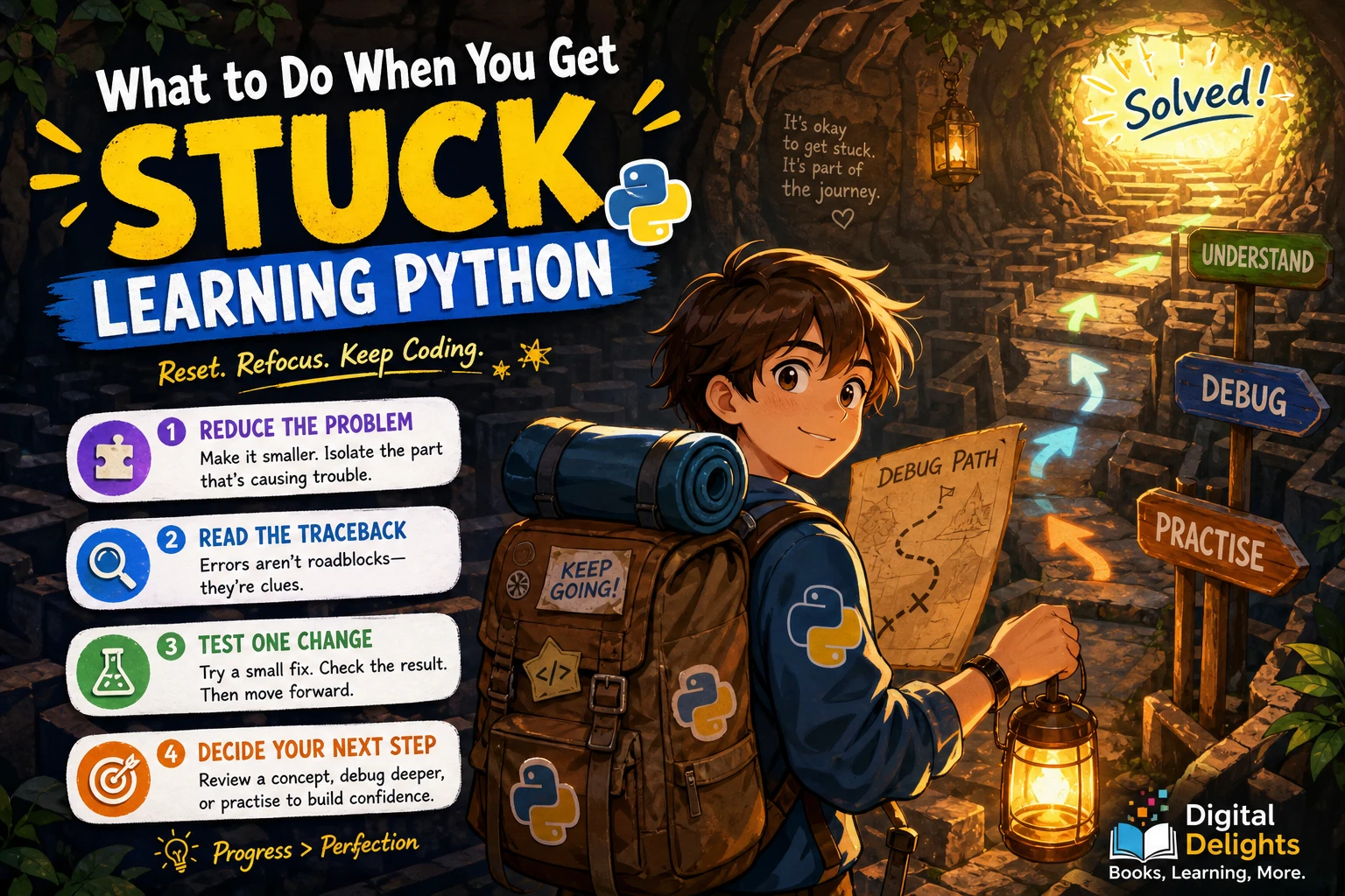 Learner using a laptop to inspect Python code and work through a programming problem