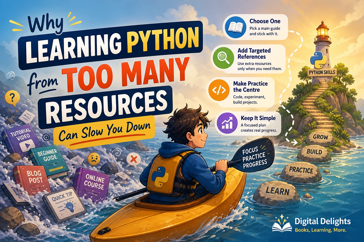 Learner practising Python with one open guide while other study materials remain set aside